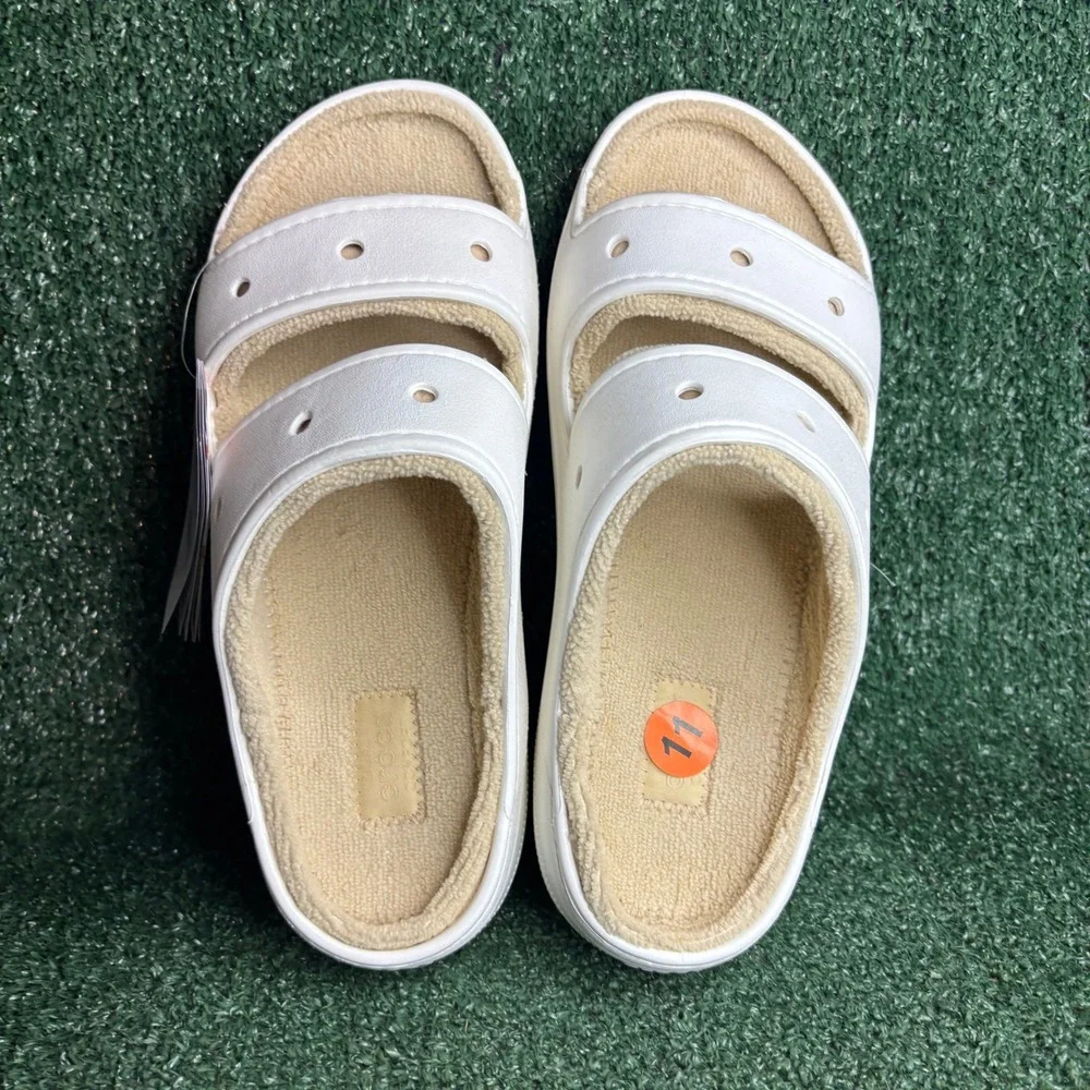 NEW Crocs Classic Cozzzy Towel Lined Fuzzy Comfort Slide Sandal White Mens Sz 11